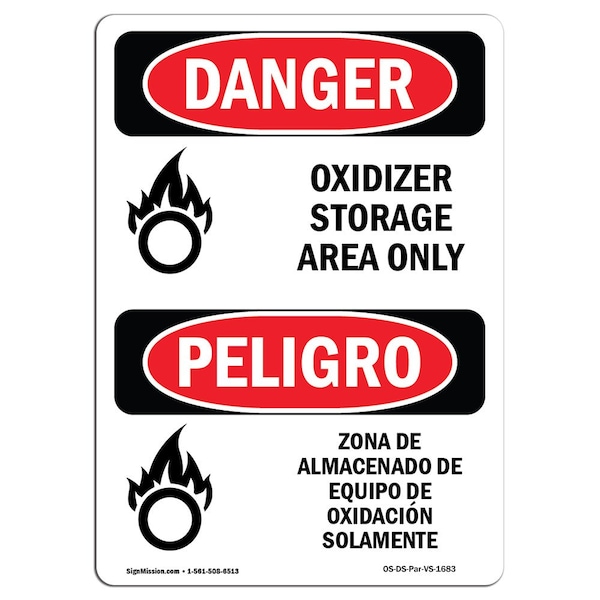 Safety Sign, OSHA Danger, 5" Height, Oxidizer Storage Area Only Bilingual Spanish, 10PK